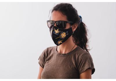A set of 3 polyester face masks with ethnic prints. BLACK main color with Yellow/Purple print (use for protection in public areas) 